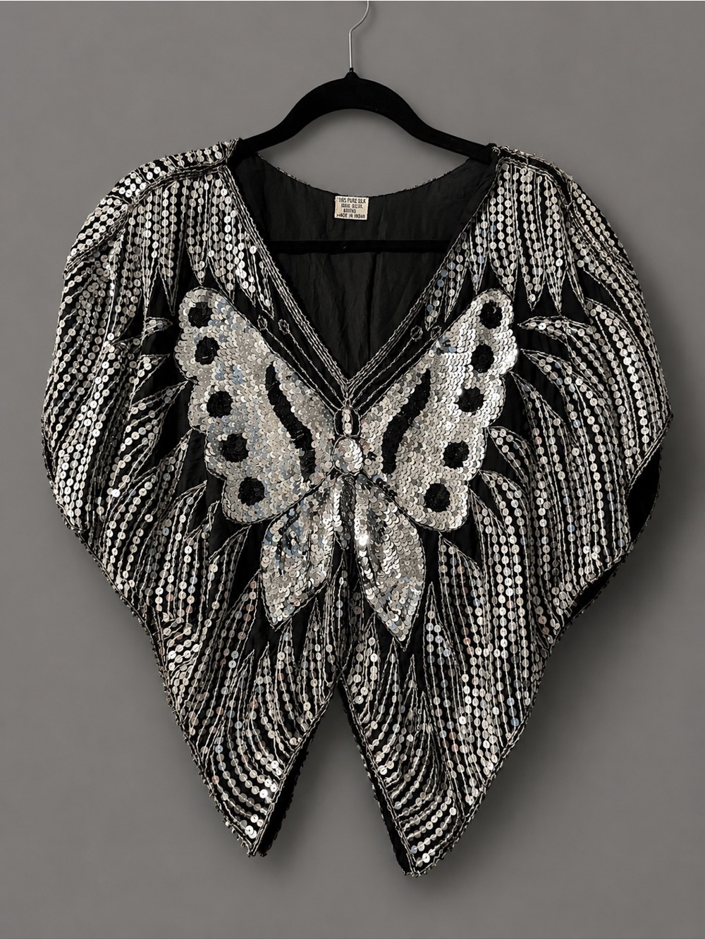 Vintage Silk Beaded Butterfly Poncho Top Black Evening One Size